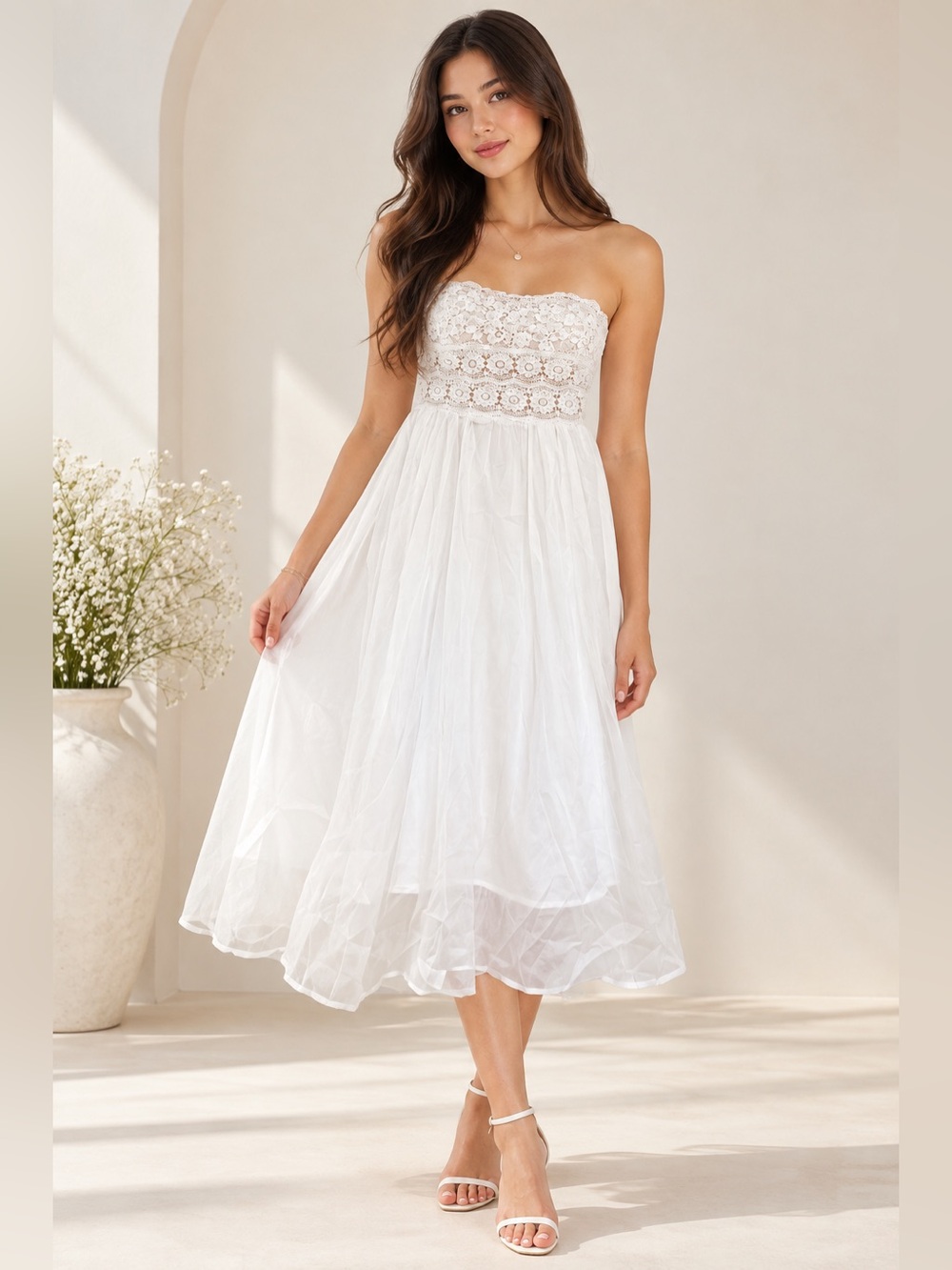 White Strapless Lace Smocked Below-Knee Midi Dress Size L NWT